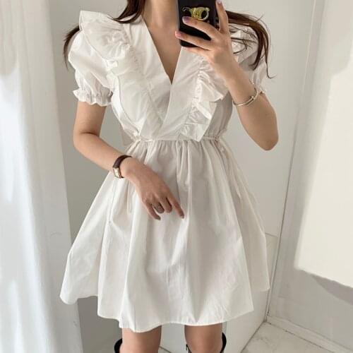 Ruffles Shirt Dress Chic Korean V Neck Short Sleeve White Black Dress Women Casual Plus Size A-Line Dresses