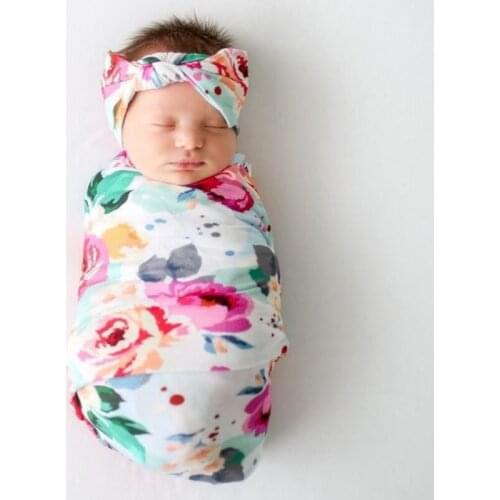 Cute Newborn Receiving Blankets Baby Girl Swaddle Blanket Set Headband Bow Flowers Floral