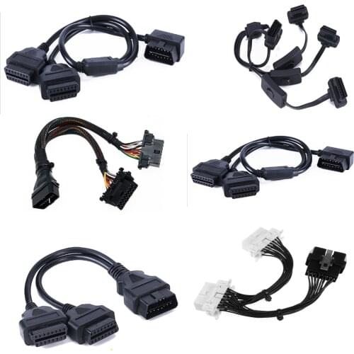 Flat+Thin As Noodle OBD Connector OBD 2 OBD2 16 Pin ELM327 Male To Dual Female Y Splitter Elbow OBD Extension Connector Cable