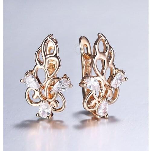 White Cubic Zircon Flower Plant Dangle Earrings for Women Girls 585 Rose Gold Color Hollow Dangle Earring Wedding Jewelry GE339