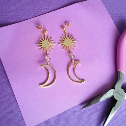 Sun Moon Earrings, Celestial Earrings, Gold, Crystal, Gold-plated Sun Moon Dangle Earrings, Gold Ball Posts