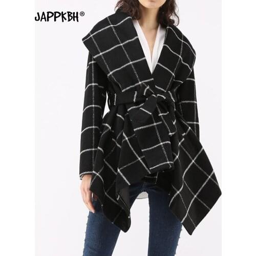 Lace-up Crossover Woolen Jackets Women 2021 Spring Casual Plus Size Vintage Plaid Long Sleeve Coats Female Irregular Cardigans