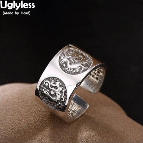 Uglyless Solid 999 Fine Silver Unisex Religious Animals Wide Rings Men Women Heart Sutra Buddhist Gift Glossy Open Rings Jewelry
