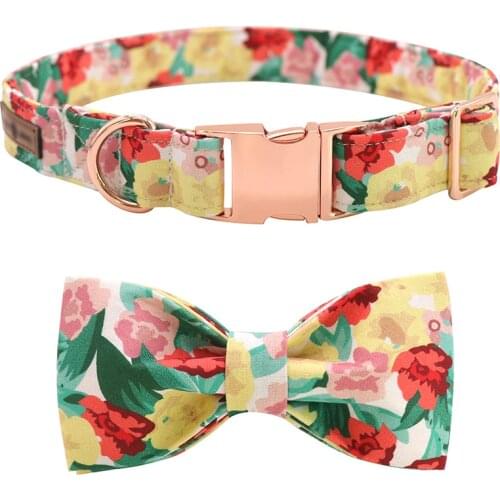 Unique Style Paws Dog Collar Flower Cotton Fabric Dog Collar and Bow