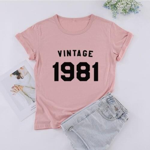 Vintage 1981 T-shirt 39th Birthday Womens Short Sleeve Tees Fashion 100% Cotton O Neck Female Clothing Plus Size Casual Shirts