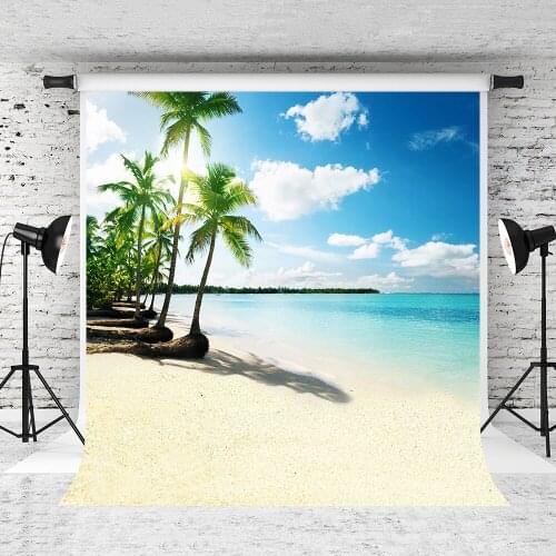VinylBDS 10X10FT Wedding Photography Backdrops Beach Seaside Scenic Backdrop Blue Coconut Trees Background