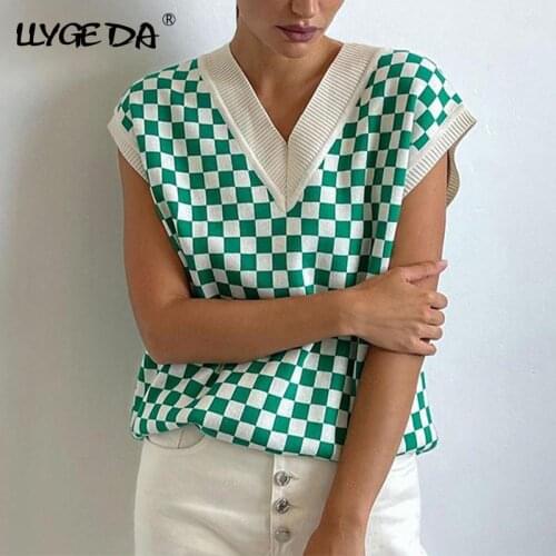 Knitted Sweater Vest Women Plaid Print Tanks 2021 Autumn Sleeveless V-neck Basic All-match Vests Female Casual Fashion Clothes