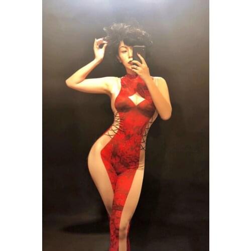 Women New Sexy Red Flowers Printed Jumpsuit Nightclub Party Bodysuit Female Singer Stage Wear Womens Birthday Dance Clothing
