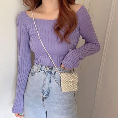 Retro Slim-fit Sweater Female Solid Color Knit Crop Top 2020 New Square Collar Long Sleeve Sweaters For Women