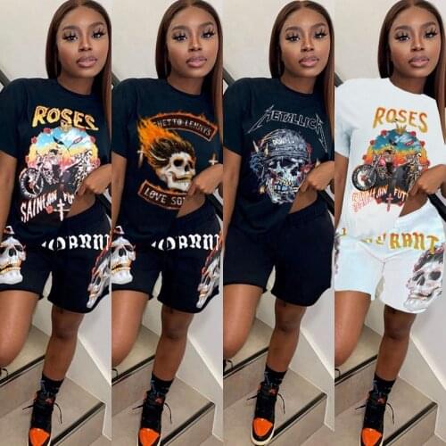 Summer Short Casual Loose Suit Women Weird Pattern Fitting T-Shirt + Shorts Pants 2 Piece Set Street Wear Matching Tracksuits