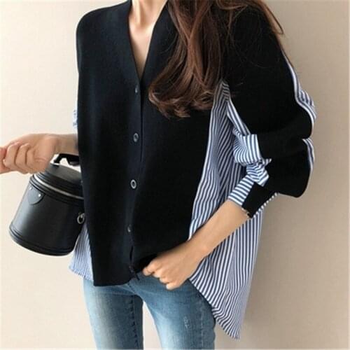2020 New Arrivals Korean Stitching Color Patchwork Striped Knitted Sweater V-neck Single Breasted Long-sleeved Jumper Cardigans