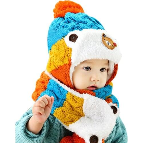 ZMAFOX Baby Boy Girl Winter Thicken Beanie Hat Scarf Suits Ins Kids Spring Knitting Caps Children Hats Neck Warmer With Pom Poms