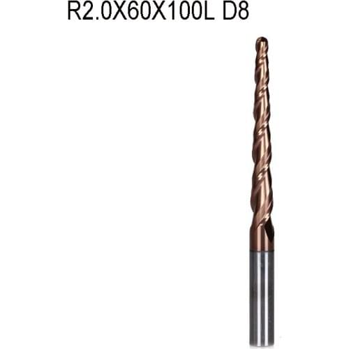 1pc R2.0*D8*60*100L*2F HRC55 Tungsten solid carbide Coated Tapered Ball Nose End Mills cone milling cutter wood knife tools