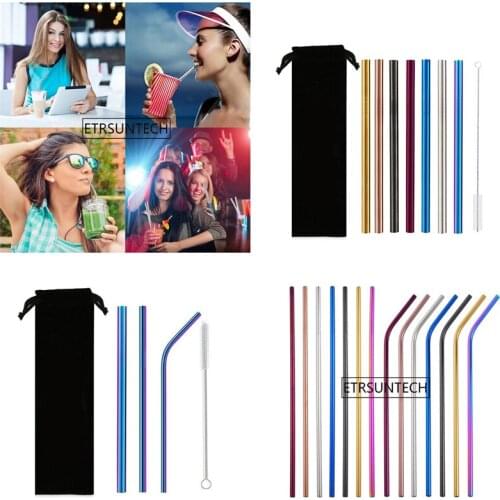 100set/lot Eco Friendly Reusable Straw 304 Stainless Steel Straw Metal Smoothies Drinking Straws Set with Brush & Bag Wholesale