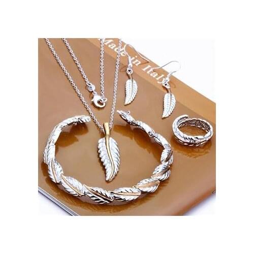 2018 Wholesale Fashion Jewelry Set,Feather 4 Piece set,S925 Silver color Necklace&Bracelet&Earrings T117