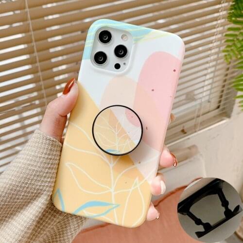 Watercolor Graffiti Leaf Stand Holder Phone Case For iPhone 11 12 Pro Max XR XS Max 7 8 Plus Soft IMD Bumper Phone Cover Coque