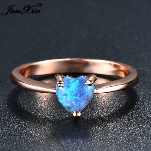 JUNXIN Cute Men Women Blue Fire Opal Heart Ring Fashion Rose Gold Filled Jewelry Vintage Wedding Band Dropshipping Gifts