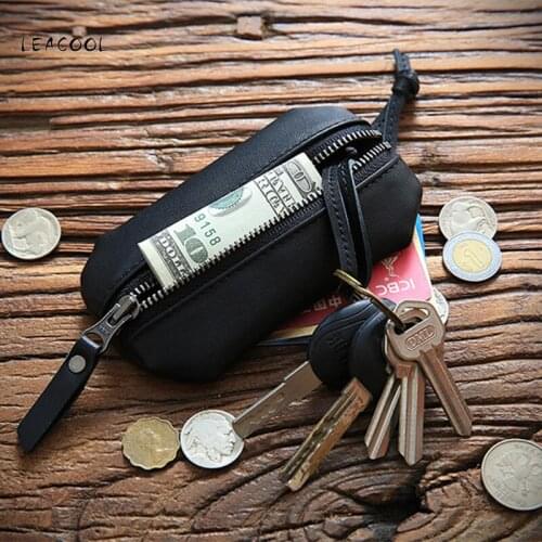 LEACOOL Genuine Leather Key Wallet Men Car Key Holder Zipper Keys Case Black Simple Male Man Housekeeper Keys Organizer