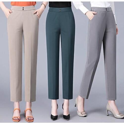 Summer Women Straight Pants 2021 Spring Casual Elastic High Waist Trousers Office Lady Plus Size Ankle-Length Pants