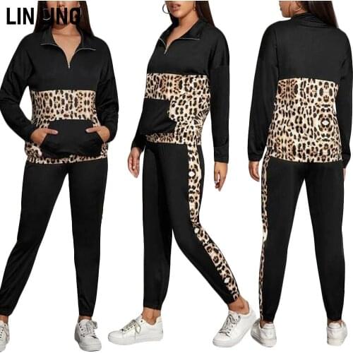 LINLING Black Stitched Lapel Zipper Pocket Casual Suit Leopard Print Long Sleeve Suit