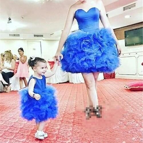 Sleeveless Organza Tutu Mother Daughter Knee Length Blue Dresses Pageant Mother Daughter Birthday Party Dresses Custom