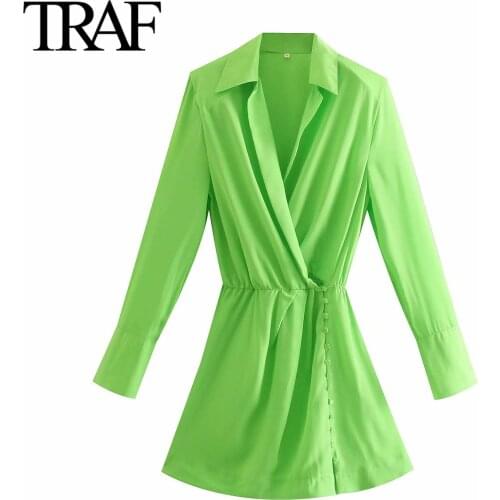 Traf Za Women Clothing 2021 Spring Autumn Chic Long Sleeve Willon Green Dress French Fashion Shirt Dresses Mini Party Dress
