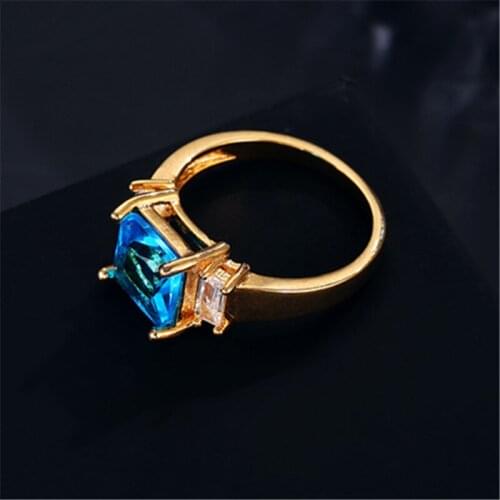Gold Plated Square Sea Blue Zirconia Size 6/7/8/9/10 Rings Simple Fashion Temperament Womens Engagement Jewelry Ring Gift jp
