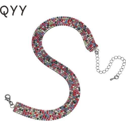 QYY 2019 Newest Fashion Multi-color Crystal Alloy Clavicle Choker Necklace for Women Girls Party Short Necklace