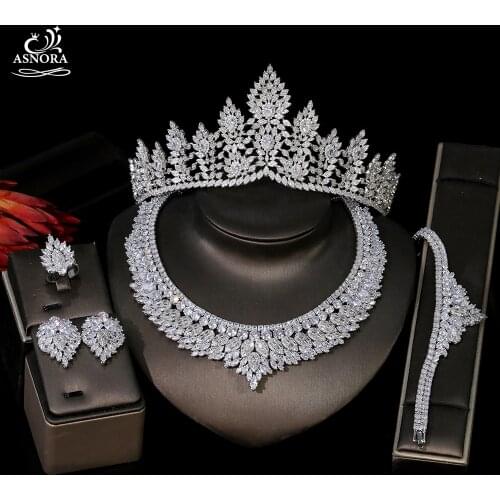 ASNORA Dubai luxury wedding 5-piece jewelry set, womens cubic zirconia bridal jewelry, bridal crown necklace accessory jewelry