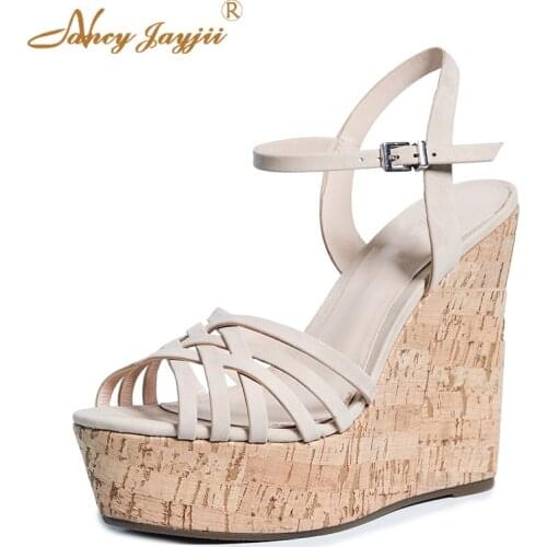 Apricot Wedges Woman Sandals Ankle Strap Buckles Rome Soft suede Fashion Cork Female Lady Sexy Fashion Dress Night Size 40 39 38