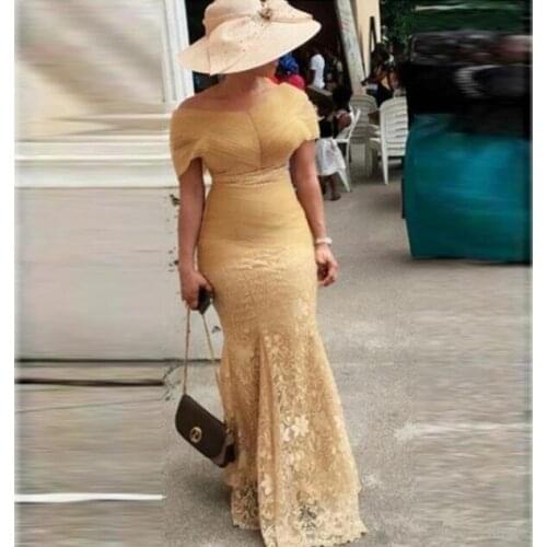 Champange Aso Ebi South African Evening Dresses Mermaid Off The Shoulder Tulle Lace Nigeria Saudi Arabic Evening Gown Prom Dress