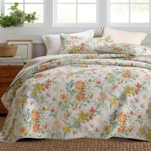 Quality Flowers Print Bedspread Quilt Sets 3pcs Quilted Cotton Bed Cover AB-Side Queen Size 230*250cm Coverlets
