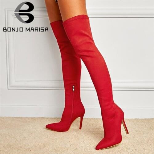 BONJOMARISA High Quality Brand Deigner Sexy Female Knee High Boots Pointed Toe With Zipper Party Wedding Women Shoes Fashion