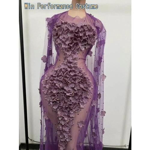 Purple 3d Flower mermaid long Dress rhinestone sexy transparent Women Birthday Costume Prom Tail Dresses Evening Party wedding