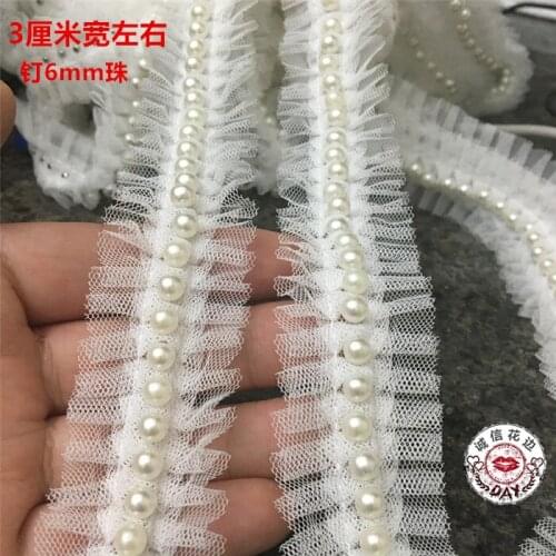 5yards 3cm White DIY Handmade White Pearl Lace Trims Dress Collar Fabric Wedding Dress Decoration Beaded Lace Ribbon Accessories
