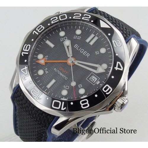 BLIGER 41mm Automatic Mens Watch With Movement Date With Ceremic Bezel Rubber Strap GMT Hand