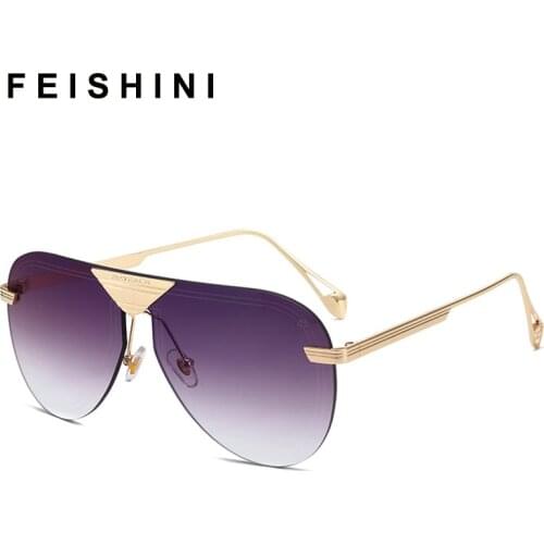 FEISHINI 2020 Brand Metal Rimless Sunglasses Men Mirror Fashion Trendy Pilot Womens Sun Glasses UV Protector Gradient Oculos