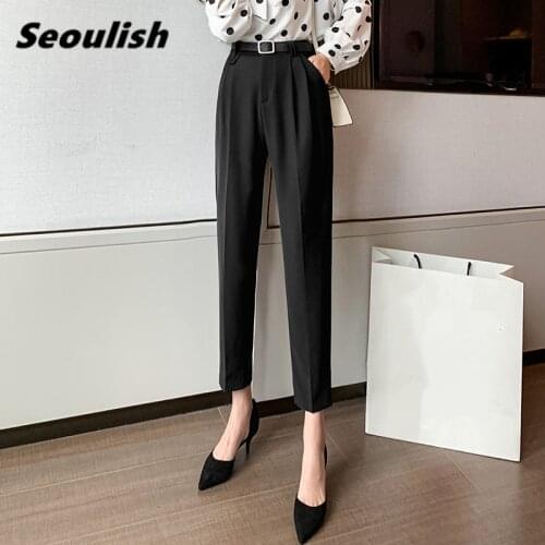 Seoulish New 2021 Spring Summer Formal Women Harem Pants with Belt High Waist Black Female Elegant Office Casual Trouses Pocket