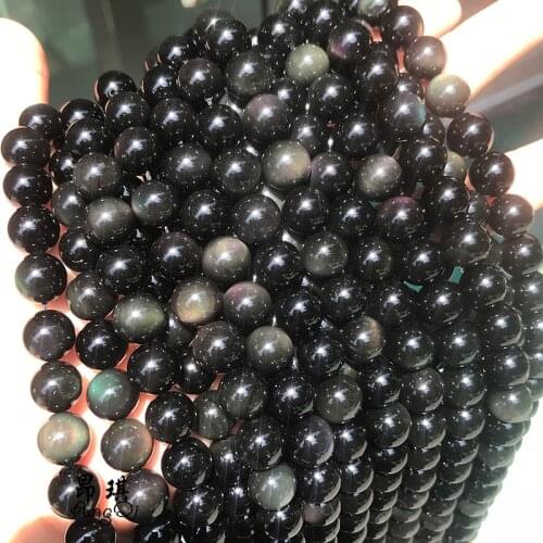 AngQi Natural Stone Black Obsidian Beads Rainbow Eyes Round Loose Beads 4mm 6mm 8mm 10mm 12mm For DIY Bracelet Jewelry Making