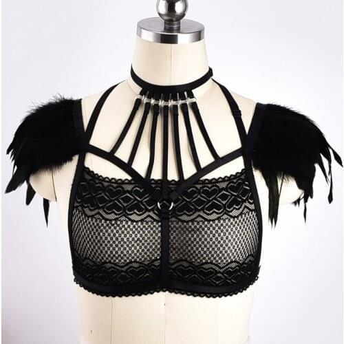 Black Gothic Feather Body Harness Cage Sexy Lace Mesh Lingerie Woman Bondage Harness Belt Rave Wear Perspective Bra