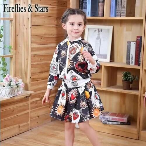 Spring Autumn girls 2 pcs set baby jacket + skirt kids fashion suit children fashion clothes poker heart floral print 3 to 8 yrs