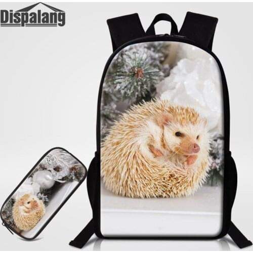 Dispalang 2 Pcs/Set School Bags with Pencil Bags for Teenagers Animal Hedgehog Printing Backpack Top-handle Children Schoolbag
