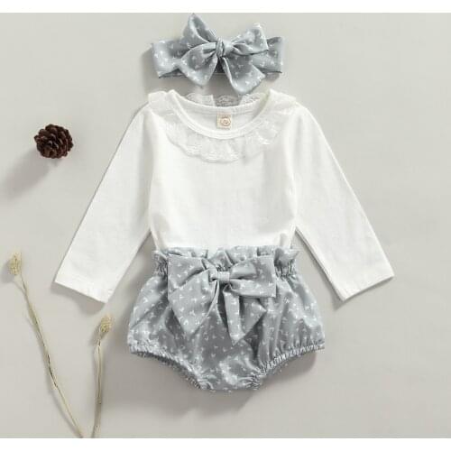 Toddler Baby Girls Autumn Outfits Solid Long Sleeve Lace Rompers + Printed Shorts with Bowknot + Headband 3Pcs Clothings Set