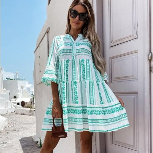 Summer Womens Stripe Print Ruffle Dress Casual V-neck High Waist Green Mini Dresses 2021 Autumn Fashion Ladies Loose Boho Style
