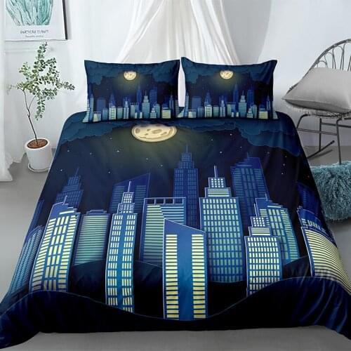 Fashion Night City Bedding Set Luxury Scenery Comforter 3D Print Duvet Cover Set Home Textile Decor Queen King Single Size Moon