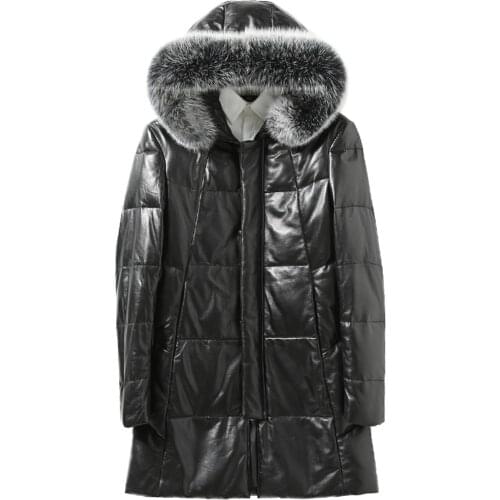 Mens Sheepskin Genuine Leather Winter Duck Down Fox Fur Collar Hooded Long Coat Men Jacket 726 KJ1448