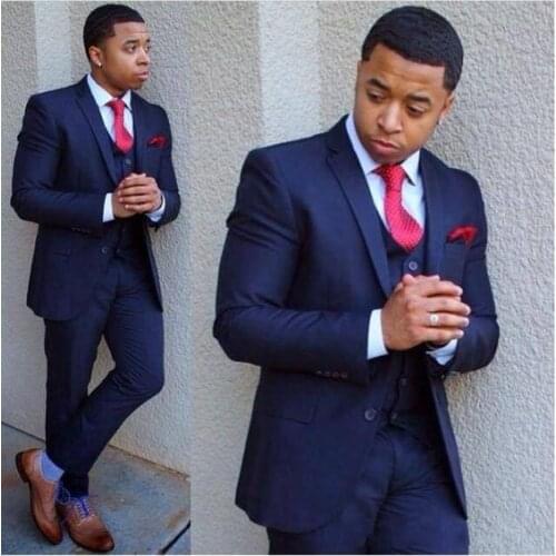 New Arrival Two Buttons Navy Blue Groom Tuxedos Groomsmen Notch Lapel Mens Suits Blazers (Jacket+Pants+Vest+Tie) W:1003