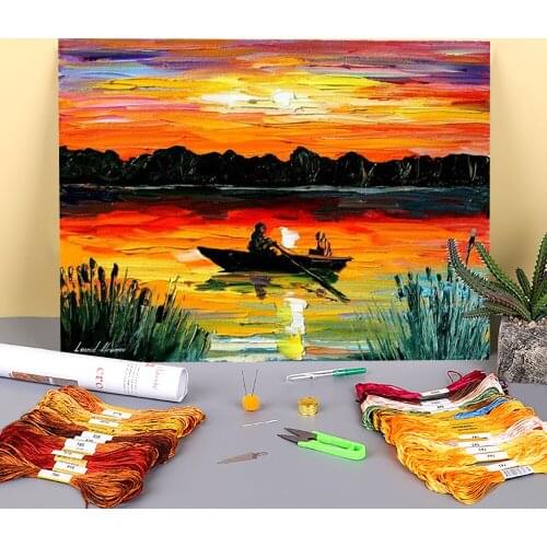 Sunset Over Lake Printed 11CT Cross Stitch Complete Kit Embroidery DMC Threads Handiwork Hobby Sewing Needlework Wholesale