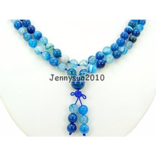 Natural Blue Stripe Ag-ate 8mm Gems Stone Buddhist 108 Beads Prayer Mala Knot Necklace Multi-Purpose 5Strands/Pack