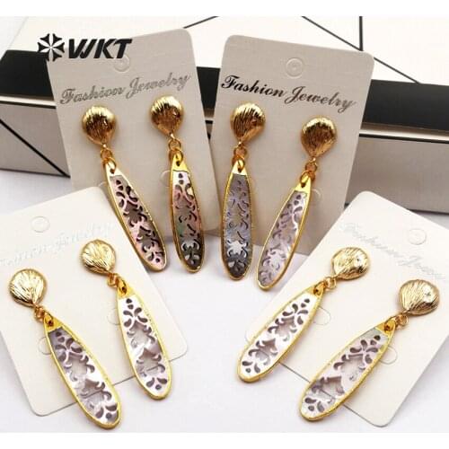 WT-E417 New Arrival Natural Shell Hollow Pattren Elegant Gold Electroplated Dangle Earrings Fashion Shell Earring Jewelry